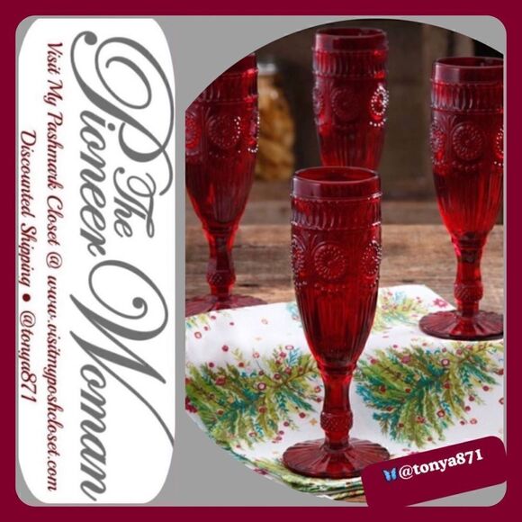 🦋 RARE!! 🦋 New Pioneer Woman Adeline 6-oz Flute, Red, Set of 4 - Picture 1 of 7
